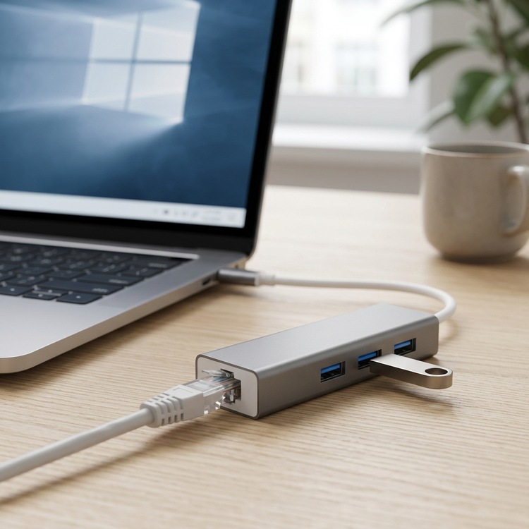 Hub Tipo C 4 en 1 conectado a un portátil con cable de red y memoria USB