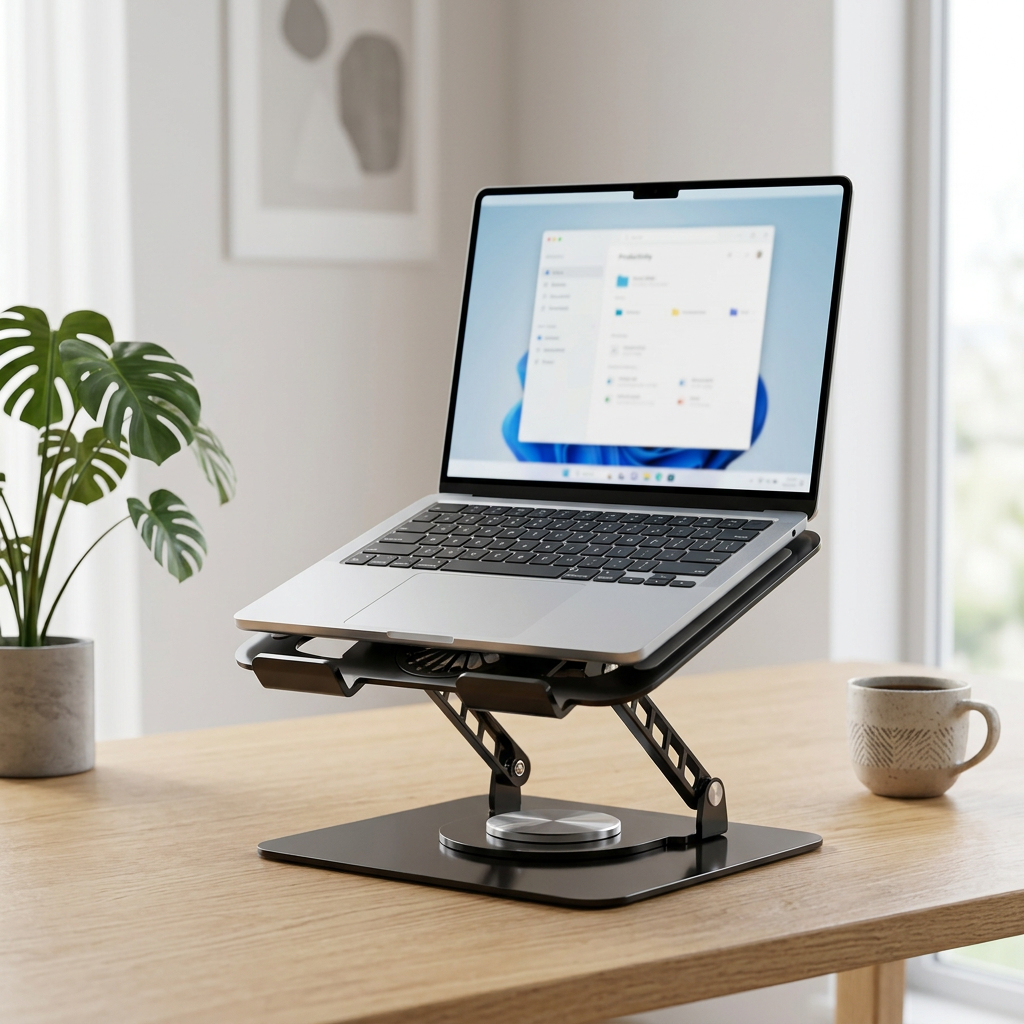 Mega soporte notebook sosteniendo un portátil en una oficina en casa