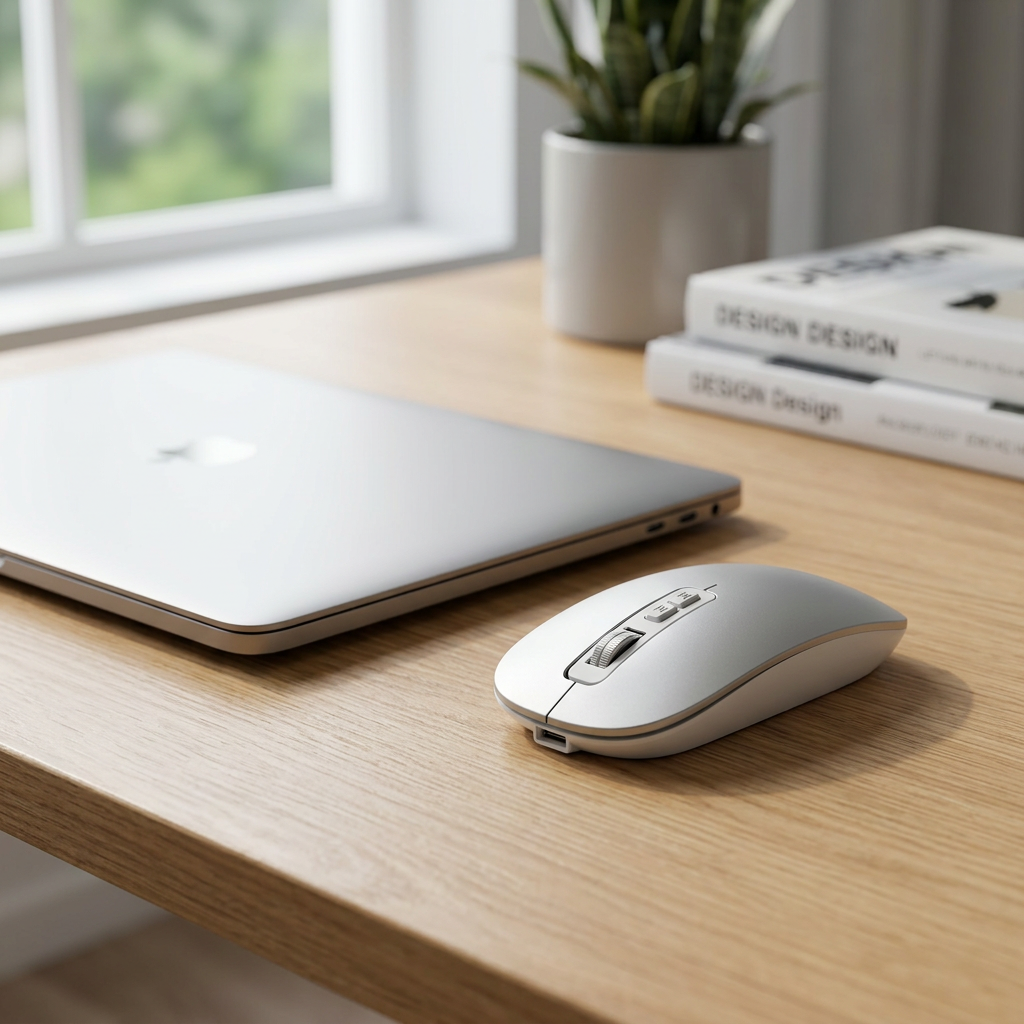 Mouse V11 sobre un escritorio de madera junto a un portátil