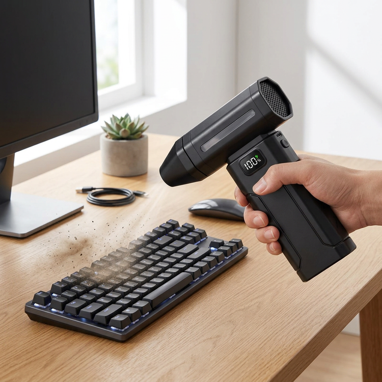 Soplador Turbo X8 en uso limpiando un teclado